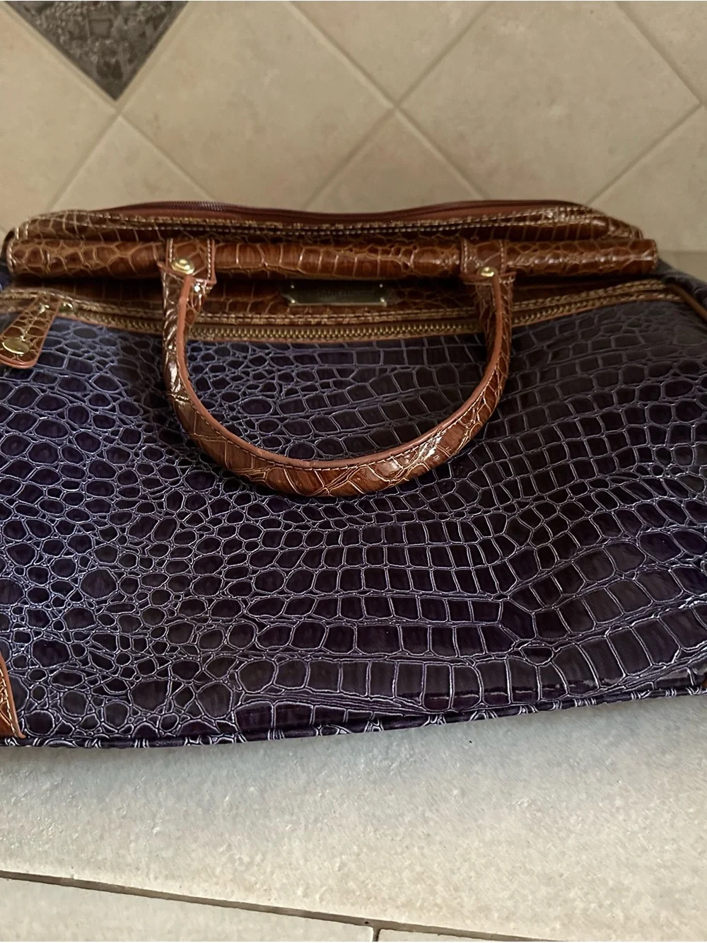Croc-Embossed  Travel Tote in Dark Purple and Brown Trim by Samantha Brown